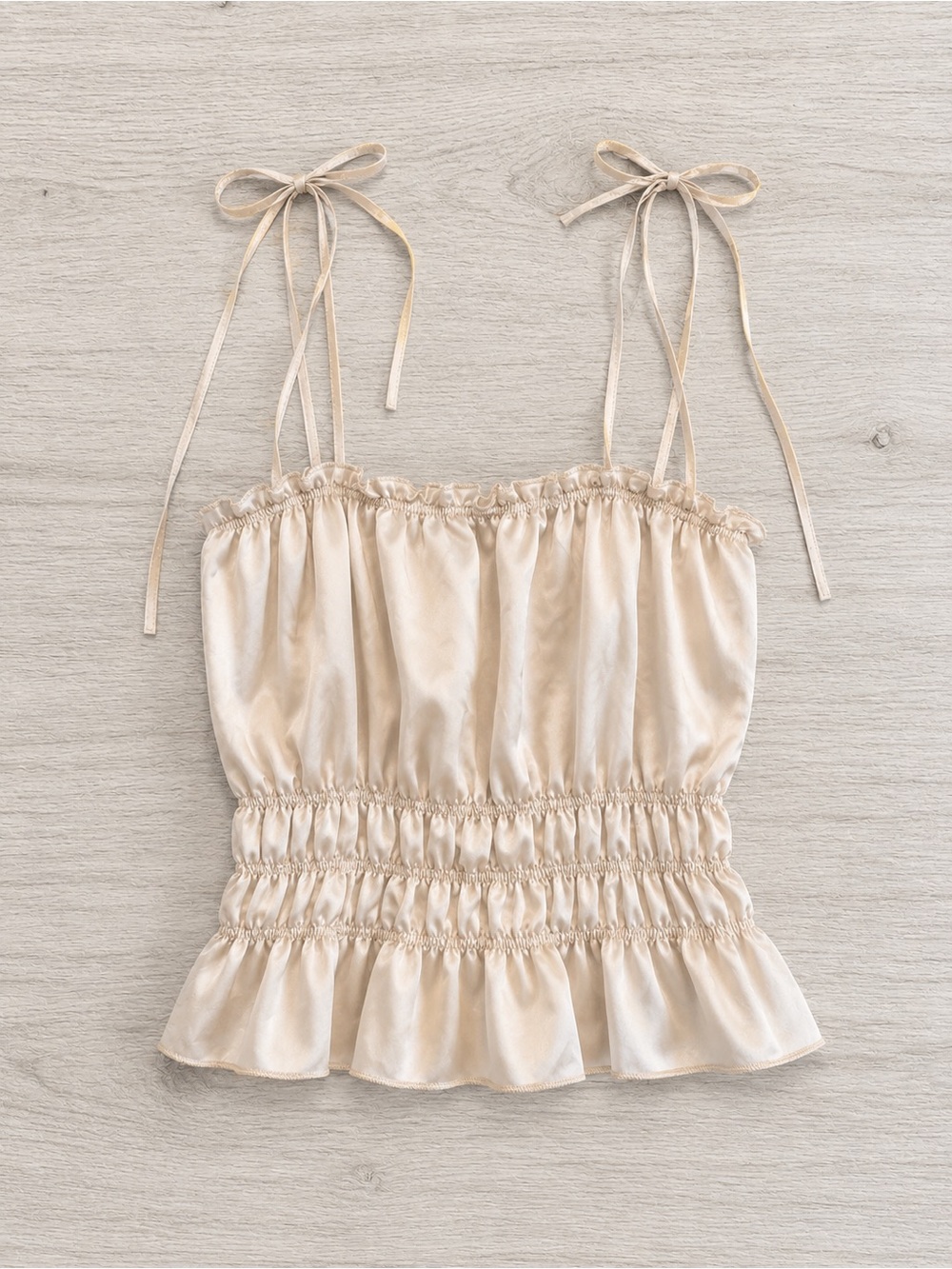 Zara Satin Ruched Tie Strap Cami Top Beige Cream Size S